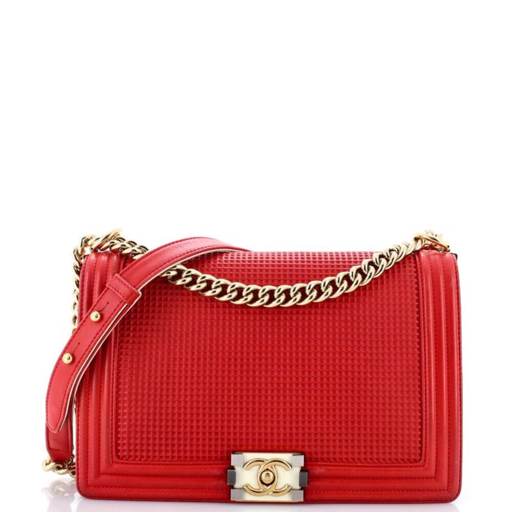 Chanel Boy Flap Bag Cube Embossed Lambskin New Medium Red